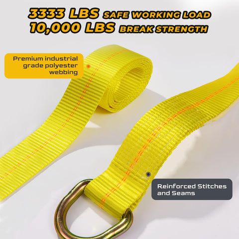 Heavy Duty Car Tie Down Straps For Trailers 2 Inch By 12 Foot, 10000 Lbs Break Strength, yellow polyester strap detail.