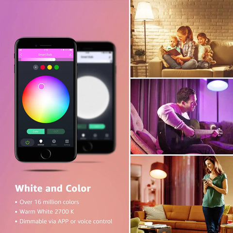 Smart LED Color Changing Bulbs With Alexa And Google Assistant, Voice Controlled Mood Lighting in living room and app interface.