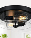 Two Light Black Flush Mount Ceiling Light Fixture With Seeded Glass Shade, Industrial Farmhouse Style, close-up view