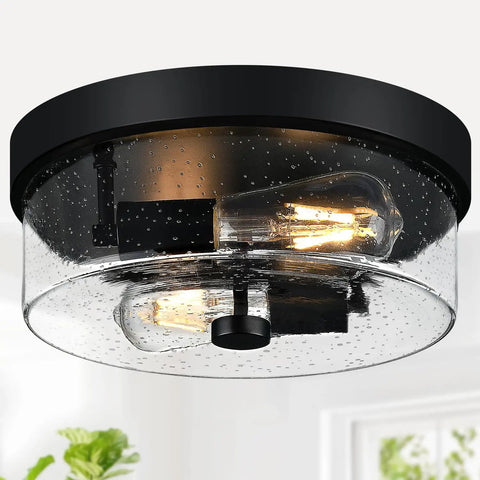 Two Light Black Flush Mount Ceiling Light Fixture With Seeded Glass Shade, Industrial Farmhouse Style, close-up view
