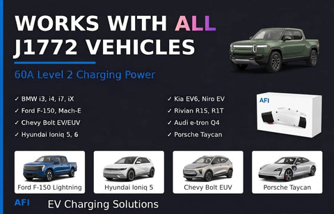 Image showing various electric vehicles compatible with Nacs To J1772 Ev Charging Adapter 60 Amp 240 Volt Level 2 Converter.