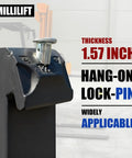 Built Like A Tank Job Site Ready Straight Up Heavy Duty Workhorse Sixty Inch Forged Pallet Fork Blades 4400 Lb Capacity ITA Class II Hook Style Replacement Forks For Forklifts Skid Steers And Tractor Loaders Pair close-up of hang-on lock pin with 1.57 inch thickness.