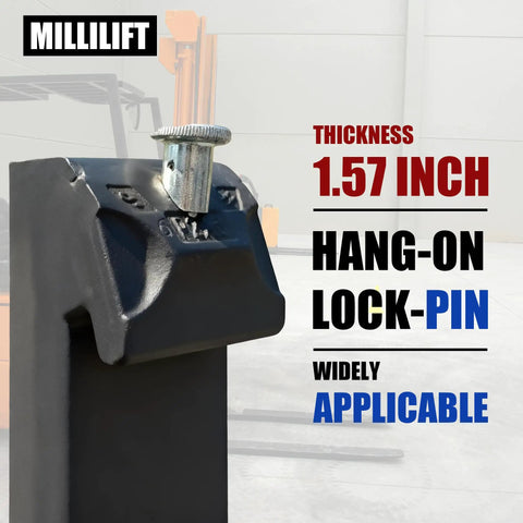 Built Like A Tank Job Site Ready Straight Up Heavy Duty Workhorse Sixty Inch Forged Pallet Fork Blades 4400 Lb Capacity ITA Class II Hook Style Replacement Forks For Forklifts Skid Steers And Tractor Loaders Pair close-up of hang-on lock pin with 1.57 inch thickness.