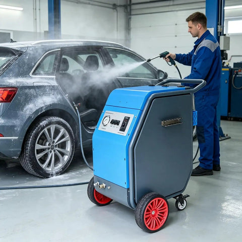 Portable Heavy Duty Dry Ice Blasting Machine For Auto Engine Degreasing And Garage Floor Decontamination in use on a car.