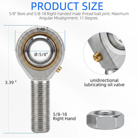 Premium Rod End Bearing Featuring 5/8 Inch Bore And 5/8-18 Right Hand Thread Galvanized Steel Joint measuring 3.39 inches.