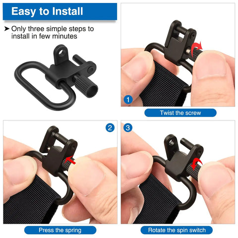 Rock Hard Rifle Sling Swivels 1.25 Inch QD Two Point Mount installation steps showing smooth matte black hardware.