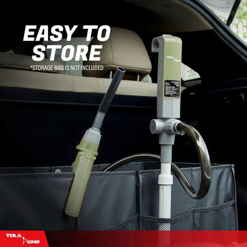 High Volume Portable Gas Can Pump 2nd Gen with 60 Inch Hose stored in car trunk, featuring nozzle control and detachable hose.