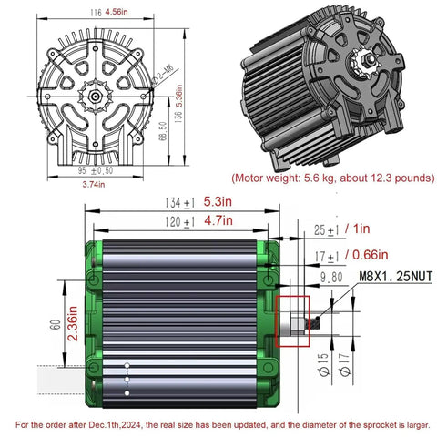 72V 5000W Brushless DC Motor For Go Karts Dirt Bikes Electric Rides Peak 10KW 6900 RPM Copper Core Mid Drive Kit technical diagram