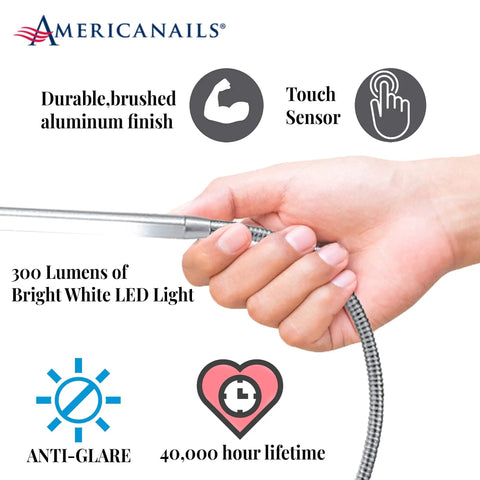 FlexiLamp Touch LED Nail Salon Table Lamp With Removable Clamp And Flexible Arm Three Brightness Levels, hand holding gooseneck
