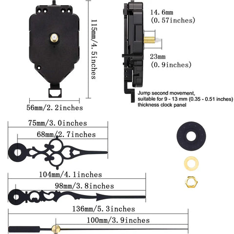 DIY Quartz Clock Movement Kit Replacement Mechanism With 0.9 Inch Pendulum Rod, Second Jump Movement dimensions diagram