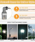 1 Pack Outdoor Photocell Sensor For Lights 120VAC Dusk To Dawn Switch IP54 Waterproof All Weather Outdoor Lighting Sensor For Yard Parking Lot Street Supports Up To 1800W Easy Install shown with auto on/off settings and outdoor scenes
