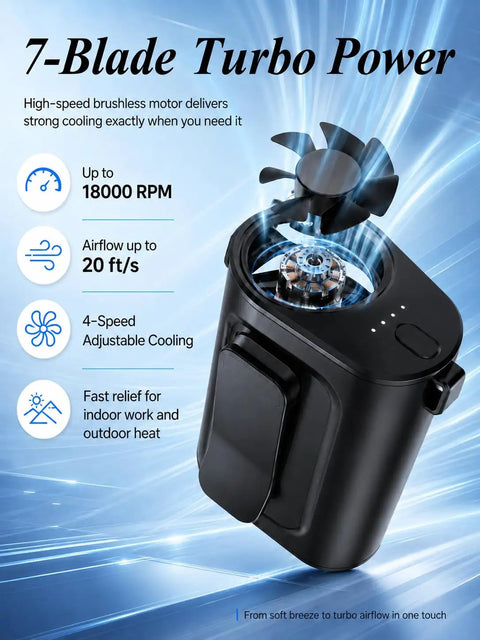 Ultra Lightweight Clip On Waist Fan For Outdoor Adventures Portable Belt Mounted Cooling Splash Proof ABS Build, black fan showing turbo power