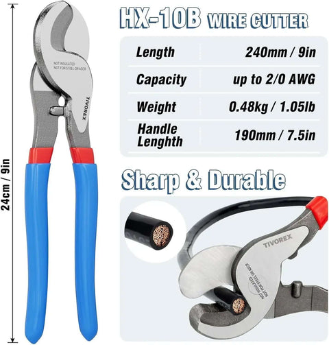 HX-10B wire cutter with blue and red handles, 240mm length, capacity up to 2/0 AWG, part of Pro Grade Battery Cable Lug Crimping Tool Kit.