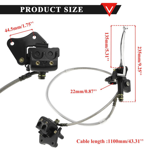 Beefed Up Hydraulic Front Brake Caliper Master System For 50cc To 125cc Dirt Bikes, Black, showing size and cable length