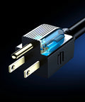 Close-up of Indoor Extension Cord 30 Ft 16 Gauge Heavy Duty SJTW ETL Listed 3 Prong Power Cord 120V Electronics Black plug