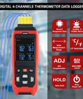4-channel digital thermocouple thermometer data logger in red housing with yellow 4-socket connector and blue probes; front display.