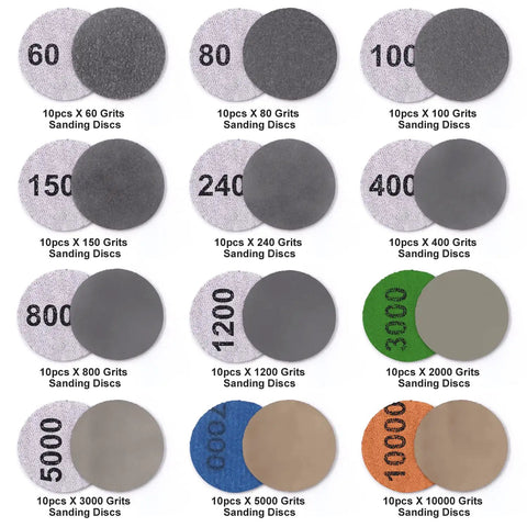 All In One 2 Inch Sanding Disc Kit With 120 Pcs Wet Dry Sandpaper Pads Grits 60 To 10000 on display showing different grits