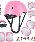 All In One Kid Friendly Protective Gear Set With Adjustable Bike Helmet And Knee Pads For Ages 3 To 10 Safe For Bike Riding Roller Skating Scooters Girls Or Boys Pink, displayed with pink helmet, knee, elbow pads, and wrist guards.
