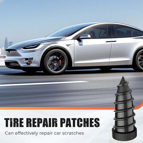 Tire Repair Rubber Nail Kit With Two Sizes Screw In Plugs For Tubeless Tires Quick Emergency Patch For Cars Motorcycles Bikes And Trucks 60 Pieces All Vehicles No Tools Needed shown next to a silver car on the road.