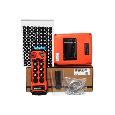 Six Button Industrial Wireless Crane Hoist Remote Control With 100 Meter Range, includes transmitter and receiver, IP65 rugged housing.