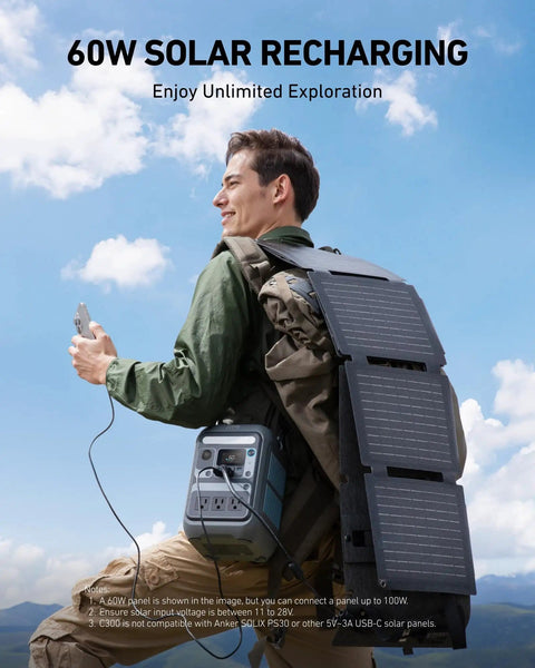 Man outdoors carrying Solix C300 Solar Generator with 60W panel and 288Wh power station, ideal for travel and emergencies.