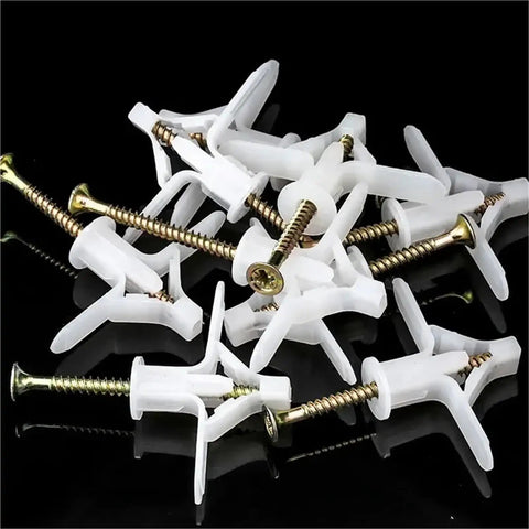 100 Piece Drywall Anchors And Zinc Plated Screws Kit With Self Drilling Dowels For Easy No Prep Installation, Heavy Duty Plasterboard Mounts For Shelves, TVs, Decor And More white anchors and screws on black background