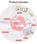 Image of a Three In One Button Maker Kit with 86 sets of parts including pins, badges, keychains, stickers, cutter, and scissors in pink color.