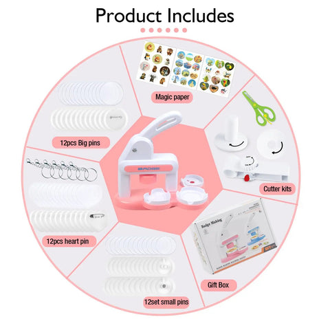Image of a Three In One Button Maker Kit with 86 sets of parts including pins, badges, keychains, stickers, cutter, and scissors in pink color.