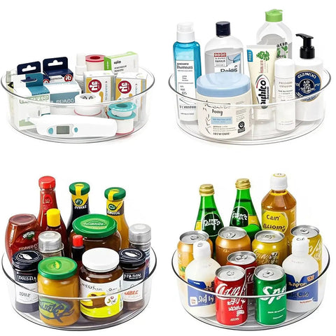 4 Pack Lazy Susan Turntable Organizer Rotating Spice Rack And Cabinet Storage in kitchen with assorted items displayed