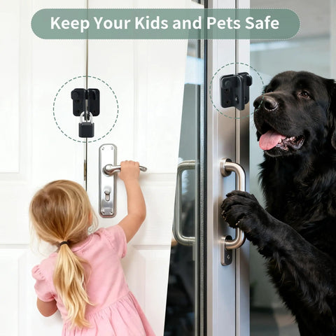 Lock Down Your Gates With These Tough As Nails 2 Pack Flip Latch Gate Latches Featuring A Built In Padlock Hole And Rust Proof Stainless Steel Build For Rock Solid Shed Barn Projects In Black, shown securing door for child and dog.