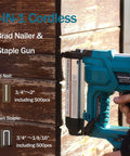 Heavy Hitter Cordless 2 In 1 Brad Nailer And Staple Gun with adjustable sizes for woodworking projects shown in use.