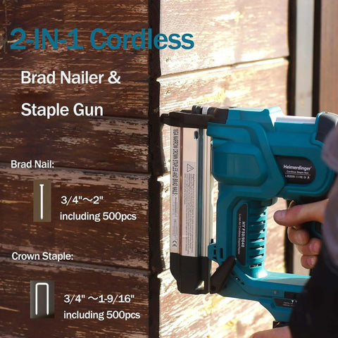 Heavy Hitter Cordless 2 In 1 Brad Nailer And Staple Gun with adjustable sizes for woodworking projects shown in use.