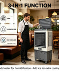 Heavy Duty Evaporative Air Cooler With 5885 CFM Big Blast Airflow And 26 Gal Tank Portable Swamp Cooler 120 Oscillation 3 Speed in use.