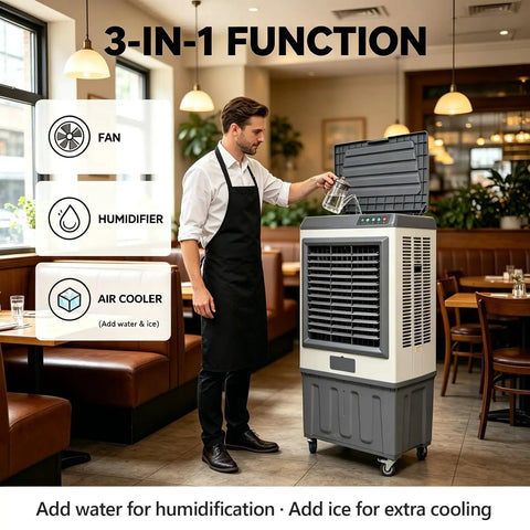 Heavy Duty Evaporative Air Cooler With 5885 CFM Big Blast Airflow And 26 Gal Tank Portable Swamp Cooler 120 Oscillation 3 Speed in use.