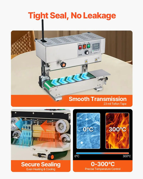 Heavy Duty Continuous Bag Band Sealer Machine With Digital Temp Control and Tough As Nails Stainless Steel Build displayed on a table with clear controls.