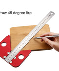 Aluminum Alloy Center Finder Square With 45 Degree Angle Guide Dead Center Layout Tool For Wood And Soft Metal Marking No Fuss Precision Scribing Ruler on wooden surface with a hand holding a pen.