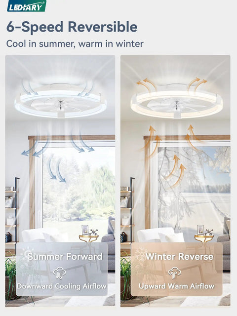 Slick 20 Inch Low Profile Ceiling Fan With Light Remote 7 Blades Smooth Airflow Chill Bedroom Vibes App Control Dimmable Leds reverse airflow summer and winter setup.