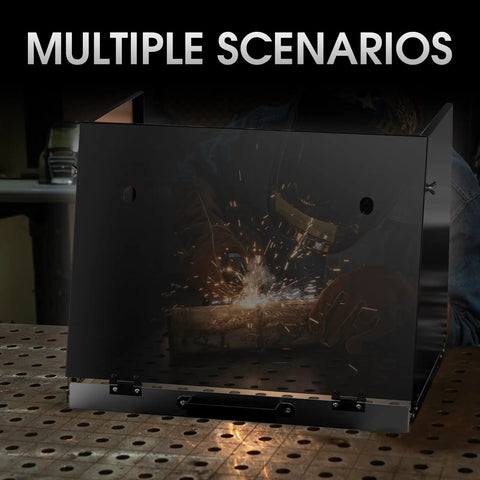 Portable Folding Welding Table With Heavy Duty Carbon Steel Build Handy Carry Handle Three Panel Workbench shown in use