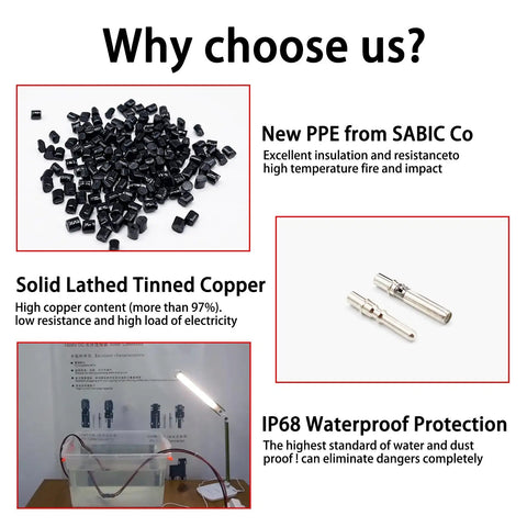 8 AWG Solar Connectors Pro Grade PPE Housing With IP68 Waterproof Sealing 0.02 Ohm Low Resistance 1500V 70A Solid Tinned Copper Terminals