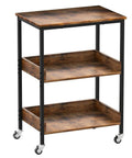 Slick Three Tier Rolling Kitchen Microwave Cart Featuring Rugged Steel Frame For Hella Spacious Storage And Smooth Mobile Coffee Bar Or Living Room Side Table Platform with rustic wood shelves.