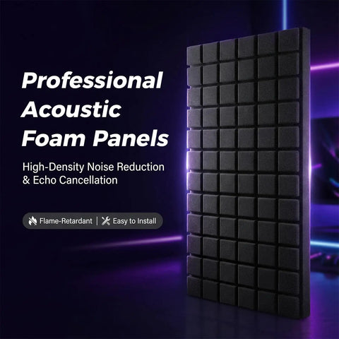 4 Pack Full Size 48X24 Acoustic Foam Panels Soundproof Wall Tiles in matte black, high-density for noise reduction and echo cancellation.