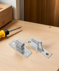 Top Tier Heavy Duty Stainless Steel Gate Hinge Hardware Pack Two Piece Wall Mount Set visible on a wooden surface with screwdriver.