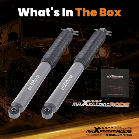 0-3 Inch Rear Shock Absorbers For Jeep Wrangler JK JKU 2007 2018 G1 Upgraded Version displayed with Jeep in background