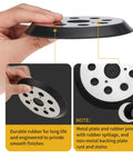 Hand holding 2 Pack 5 Inch 8 Hole Hook and Loop Orbital Sander Pad Replacement for DeWalt with 3 screw holes, rubber surface.