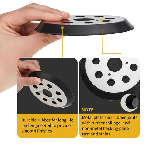 Hand holding 2 Pack 5 Inch 8 Hole Hook and Loop Orbital Sander Pad Replacement for DeWalt with 3 screw holes, rubber surface.