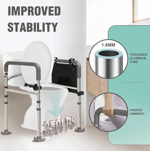 Legit Rock Solid Toilet Safety Rails, 350 Lbs Capacity Adjustable Grab Bars, gray aluminum frame with padded armrests beside toilet.