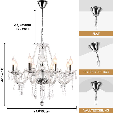 Show Stopping Modern Elegant 10 Lights K9 Crystal Glass Chandelier Pendant Ceiling Lighting For Dining Room Living Room And Bedroom European Style Transparent Fixture Requires 10 E12 Bulbs Not Included shown in flat, sloped, vaulted ceiling options