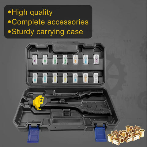 Rivet Nut Tool Kit With 140 Rivet Nuts And 14 Mandrels Metric And SAE, 16 Inch Long Hand Riveter Set in blow molded case