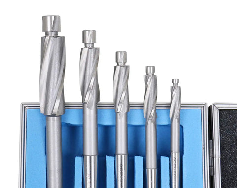 7 Piece HSS Solid Capscrew Counterbore Set With 3 Flute Straight Shank In Inch Sizes Six, Eight, Ten, One Quarter Inch, Five Sixteenths Inch, Three Eighths Inch, And One Half Inch For Fast Clean Countersinking In Wood And Metal
