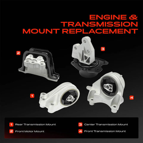 Built Tough Engine Motor Mount And Transmission Mount Kit Set Of 4 for Chevy Captiva Sport Equinox Gmc Terrain, showing mount types.